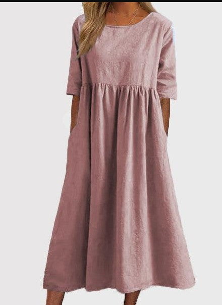 Women's Casual Basic Outdoor Crew Neck Pocket Smocked Cotton Dress