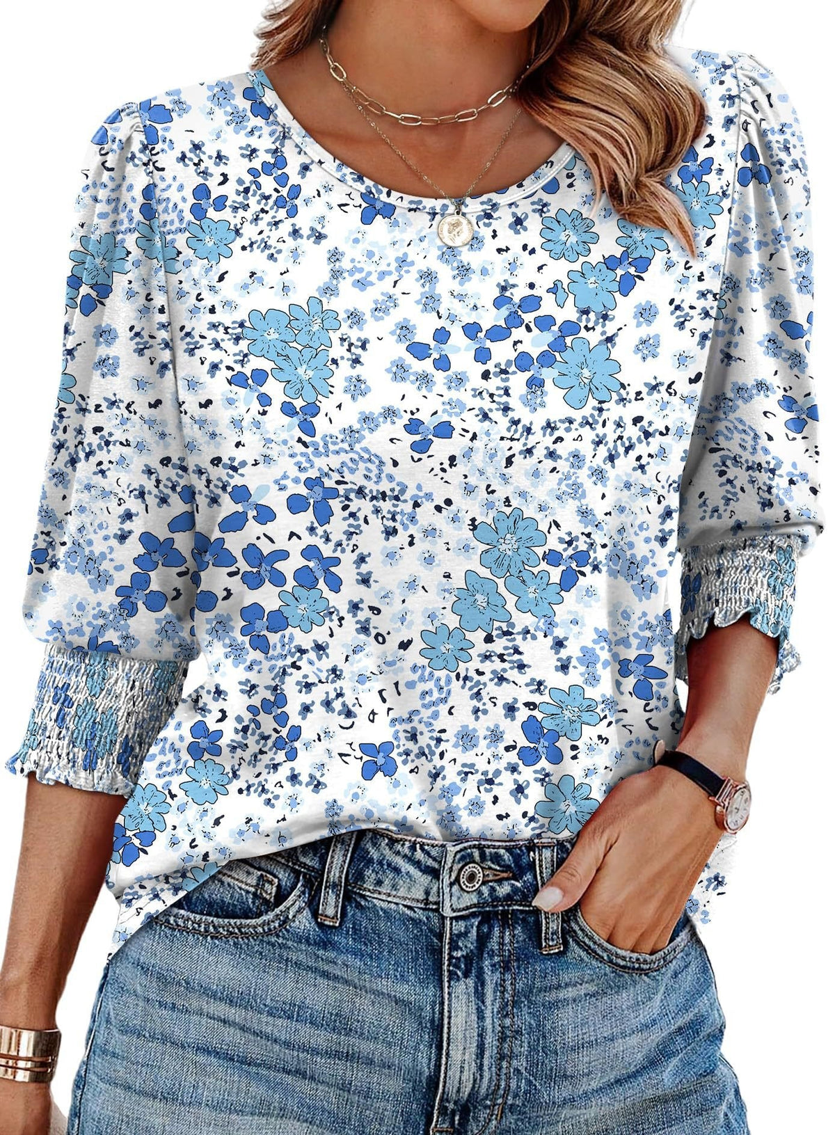 🌺Women Dressy Casual 3/4 Length Sleeve Blouses with Smocked Cuffs