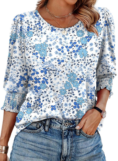 🌺Women Dressy Casual 3/4 Length Sleeve Blouses with Smocked Cuffs