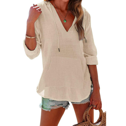 🔥HOT SALE 61% OFF!!👚Women's Oversized Hooded Beach Cover Up - Long Sleeve V-Neck Pocket Shirt