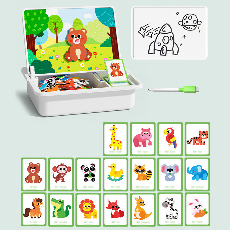 Magnetic puzzle box for children with game and drawing board