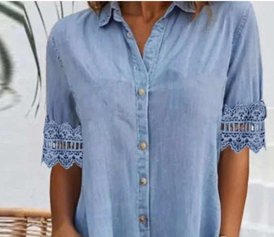 🎁Limited time 49% OFF⏳Blue Plain Collared Lace Trim Denim MIni Dress