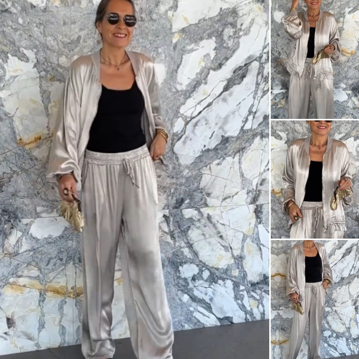 Women's Round Neck Satin Zipper Casual 2-Piece Suit