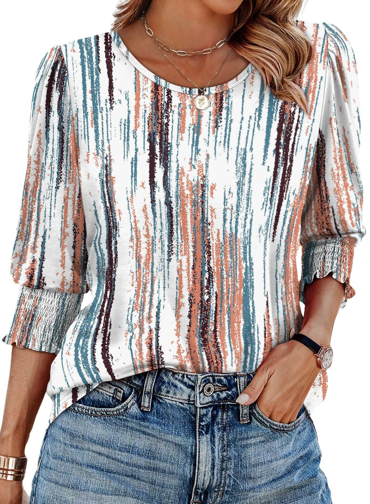 🌺Women Dressy Casual 3/4 Length Sleeve Blouses with Smocked Cuffs