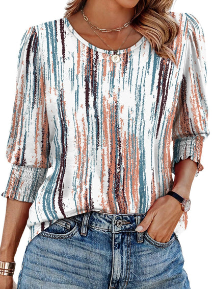 🌺Women Dressy Casual 3/4 Length Sleeve Blouses with Smocked Cuffs