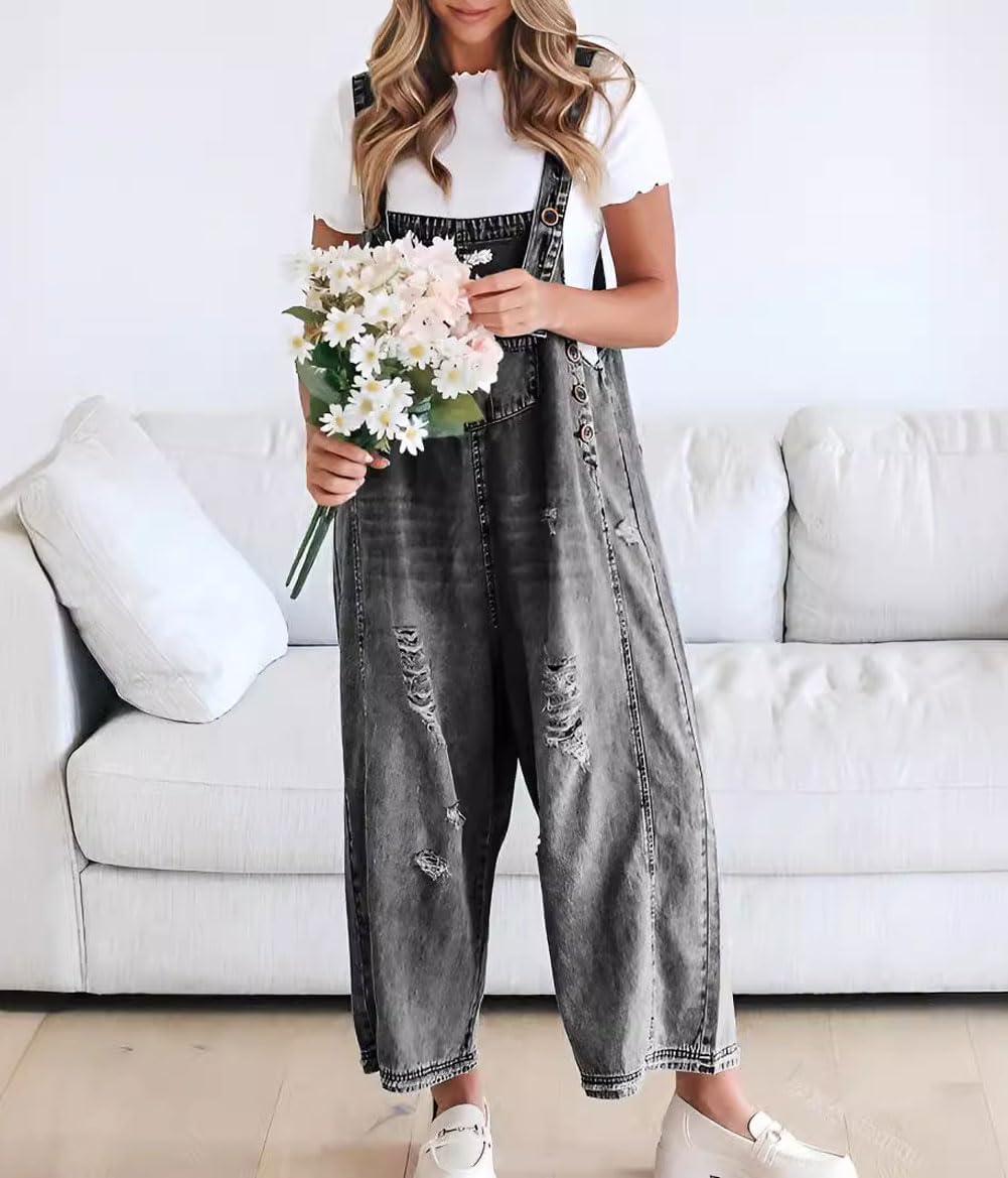 💖LAST DAY SALE 50% OFF💖Women's Cute Casual Button Jumpsuit Ripped Denim Overalls