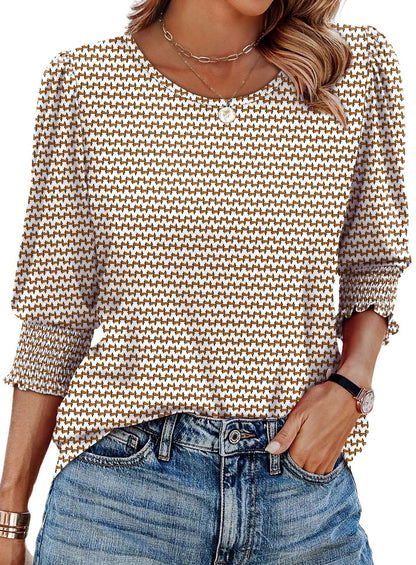 🌺Women Dressy Casual 3/4 Length Sleeve Blouses with Smocked Cuffs