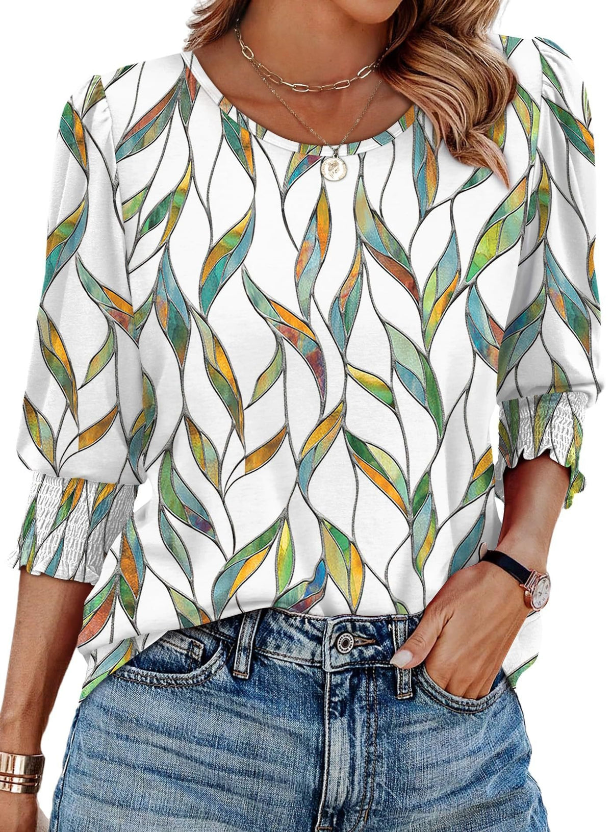 🌺Women Dressy Casual 3/4 Length Sleeve Blouses with Smocked Cuffs