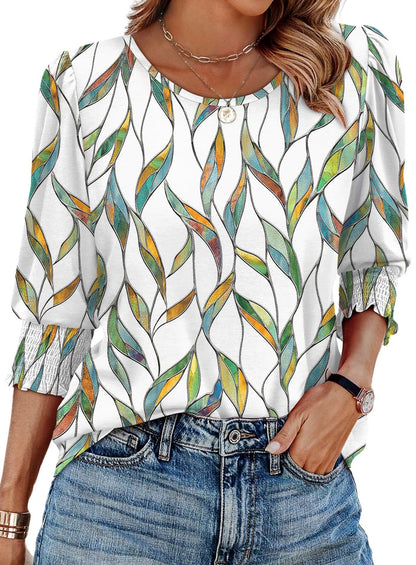 🌺Women Dressy Casual 3/4 Length Sleeve Blouses with Smocked Cuffs
