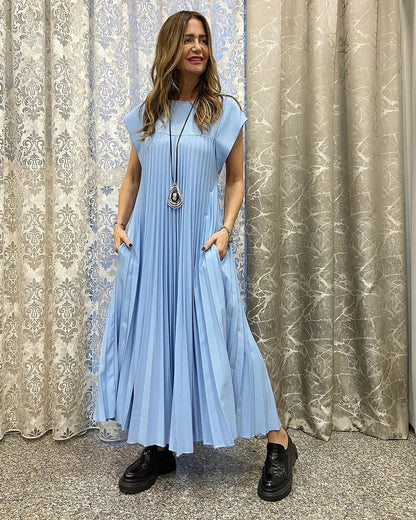 🔥Hot Sales👗Sleeveless Pleated Simple Solid Color Dress