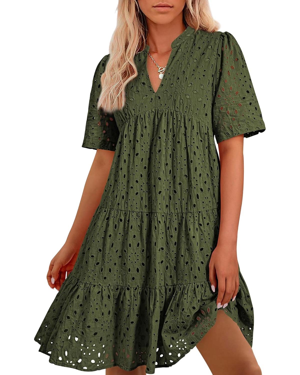 ⏰2025 Hot Sale -Women's Elegant Hollow Out Lace Ruffle Casual Mini Dress
