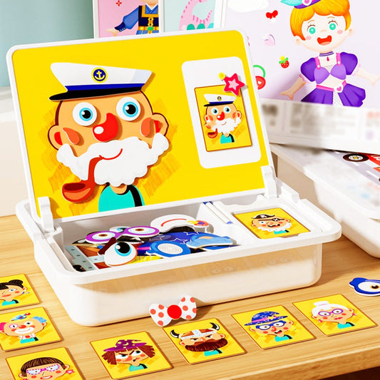 Magnetic puzzle box for children with game and drawing board
