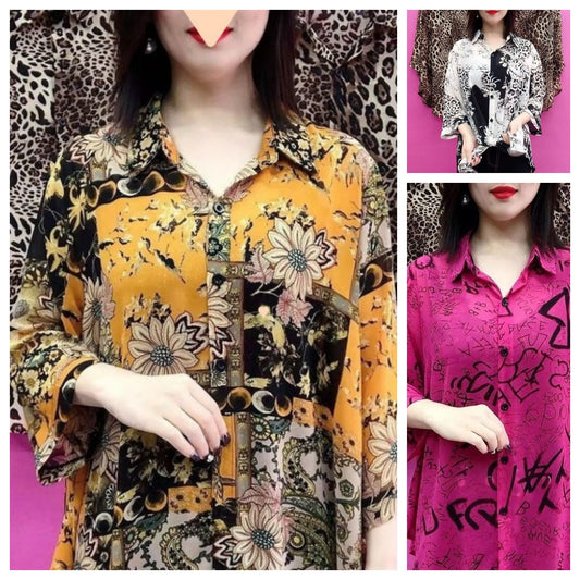 Chemise de revers mince mince imprimée aux femmes