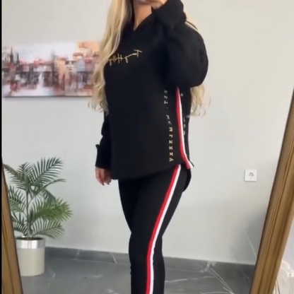 Women's Long-Sleeved Striped Casual Hooded Top&pant