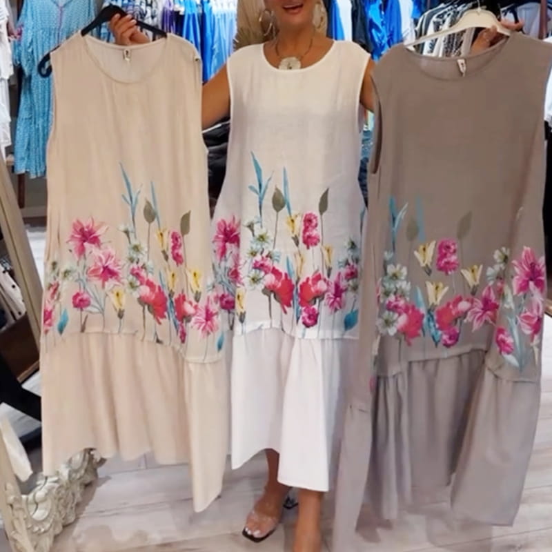 💖Women's Loose Round Neck Sleeveless Floral Dress