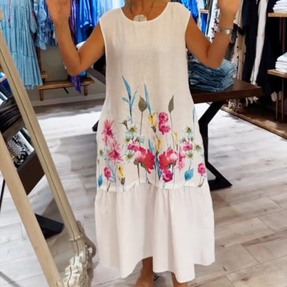 💖Women's Loose Round Neck Sleeveless Floral Dress
