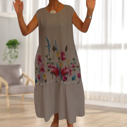 💖Women's Loose Round Neck Sleeveless Floral Dress