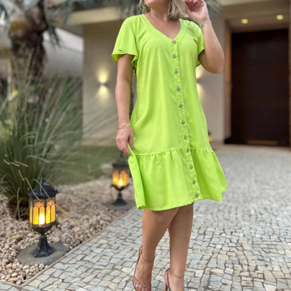 Women's Fashion Solid Color V-Neck Button Loose Dresses