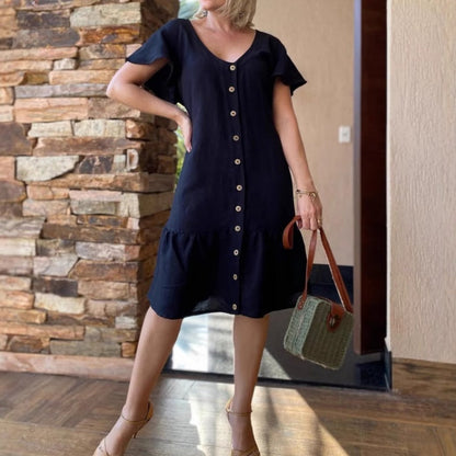Women's Fashion Solid Color V-Neck Button Loose Dresses