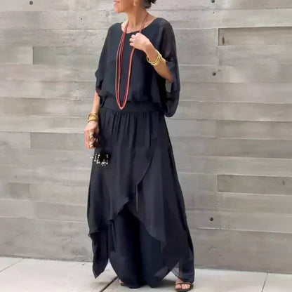🌹Promotion de printemps🌹Ensemble 2 pièces en mousseline avec haut ample et pantalon large fendu