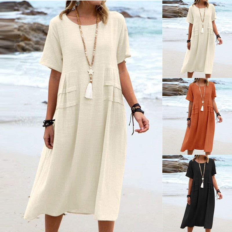 🔥Vente chaude 50% de réduction💃Robe mi-longue en coton et lin à col rond pour femme