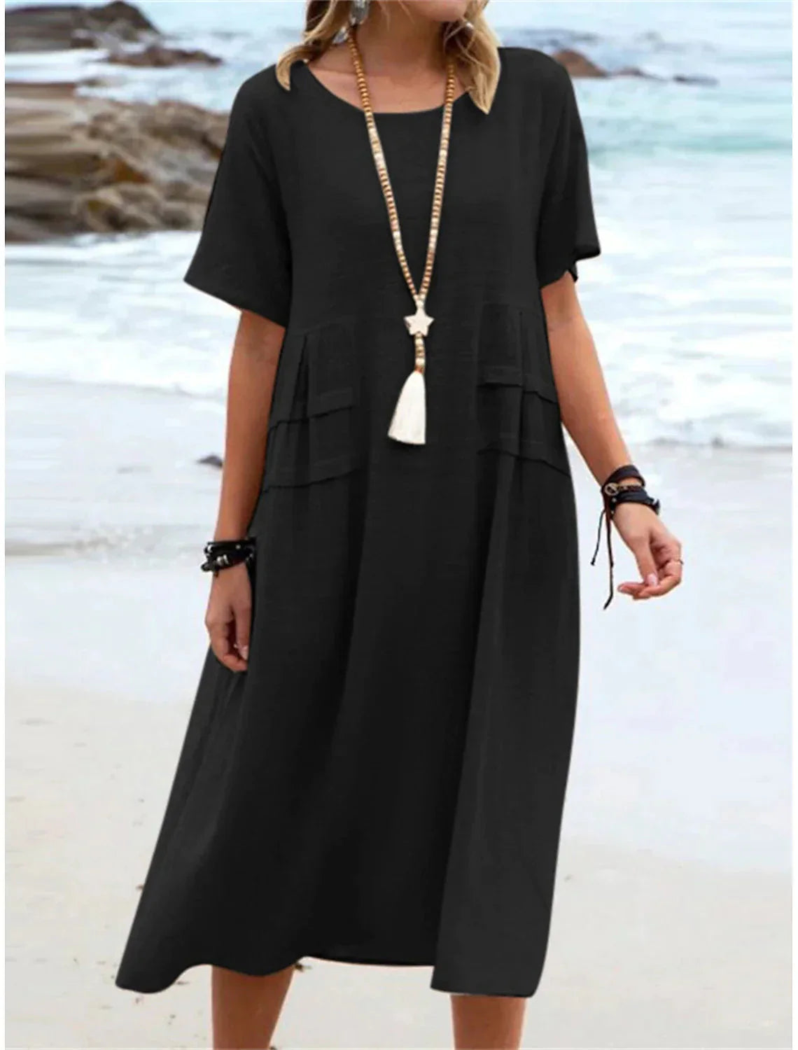🔥Vente chaude 50% de réduction💃Robe mi-longue en coton et lin à col rond pour femme