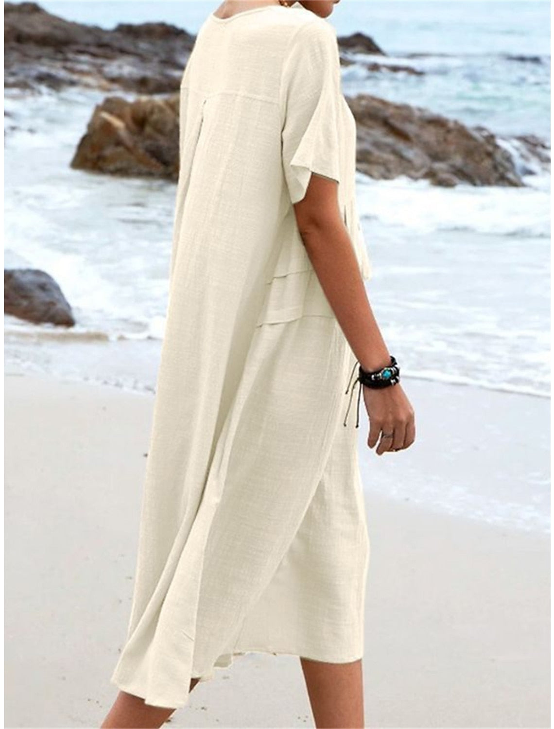 🔥Vente chaude 50% de réduction💃Robe mi-longue en coton et lin à col rond pour femme