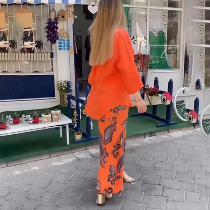 💙Spring Specials🌸Women’s Casual Printed Long-sleeve Blouse and Wide-leg Pants 2-piece Set