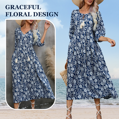 🌸Summer Sale -50% off🌸Women’s Elegant Floral Print V-Neck Long Dress