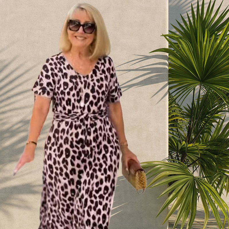 🔥Women's Leopard Print V-Neck Dress – Adjustable Waist & 4 Seasons