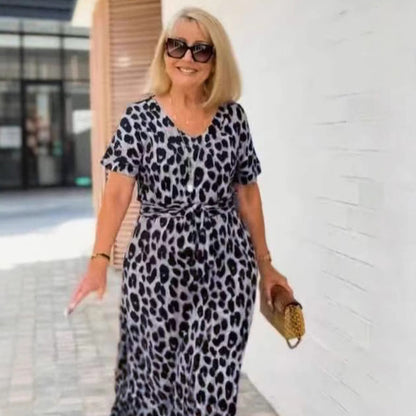 🔥Women's Leopard Print V-Neck Dress – Adjustable Waist & 4 Seasons