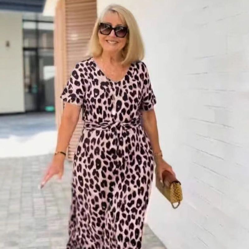 🔥Women's Leopard Print V-Neck Dress – Adjustable Waist & 4 Seasons