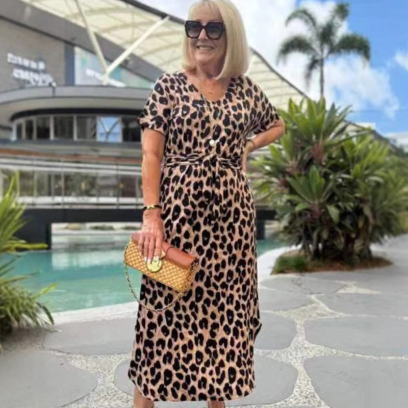 🔥Women's Leopard Print V-Neck Dress – Adjustable Waist & 4 Seasons