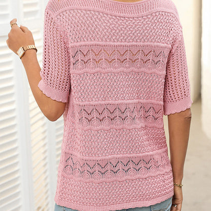 🎉Hot Sale 49% OFF🎉Women's Round Neck Hollow Knit Crochet Short Sleeve Sweater