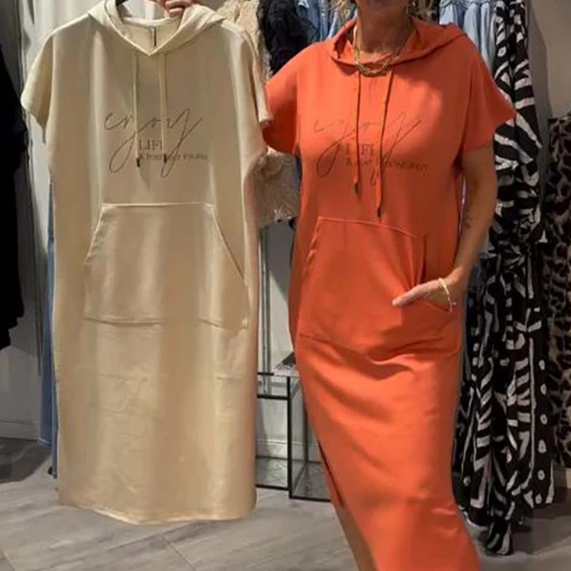 Women’s Solid Short-Sleeve Hooded Long Dress