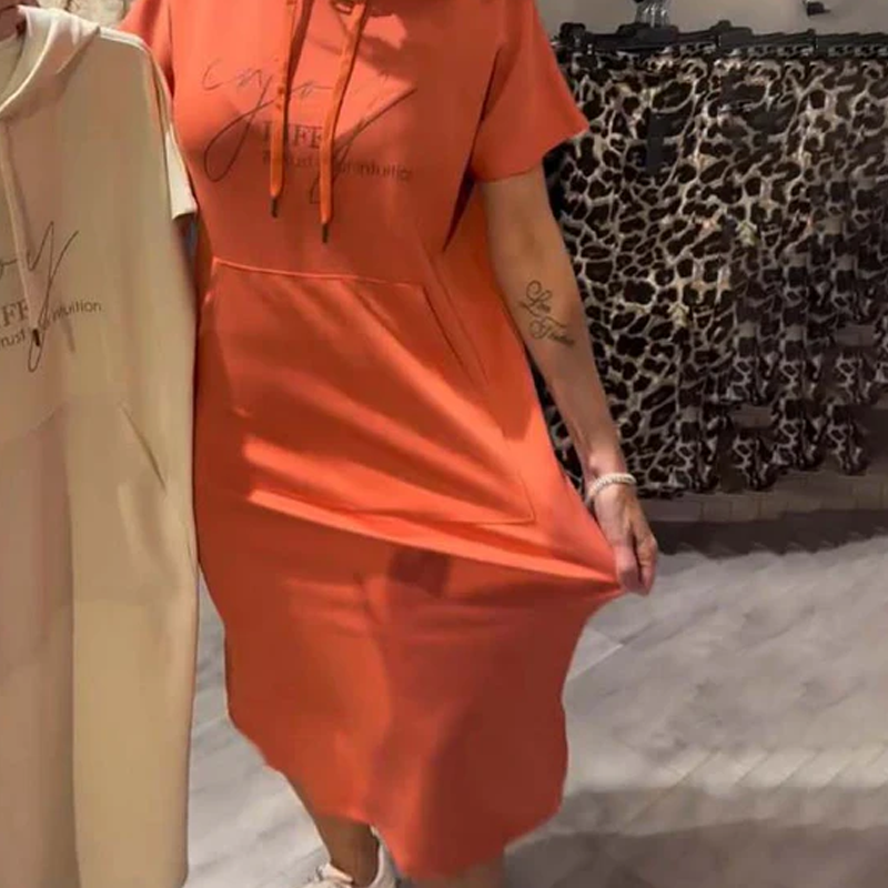 Women’s Solid Short-Sleeve Hooded Long Dress