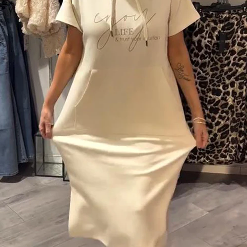 Women’s Solid Short-Sleeve Hooded Long Dress