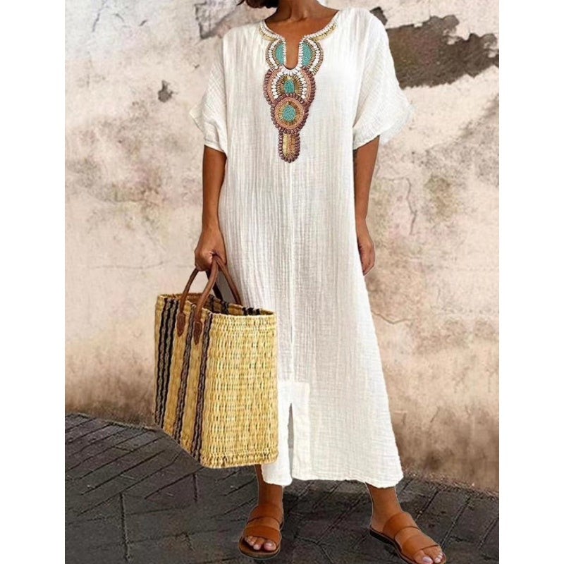 Women's Casual Loose Cotton Linen Embroidered Split Dress