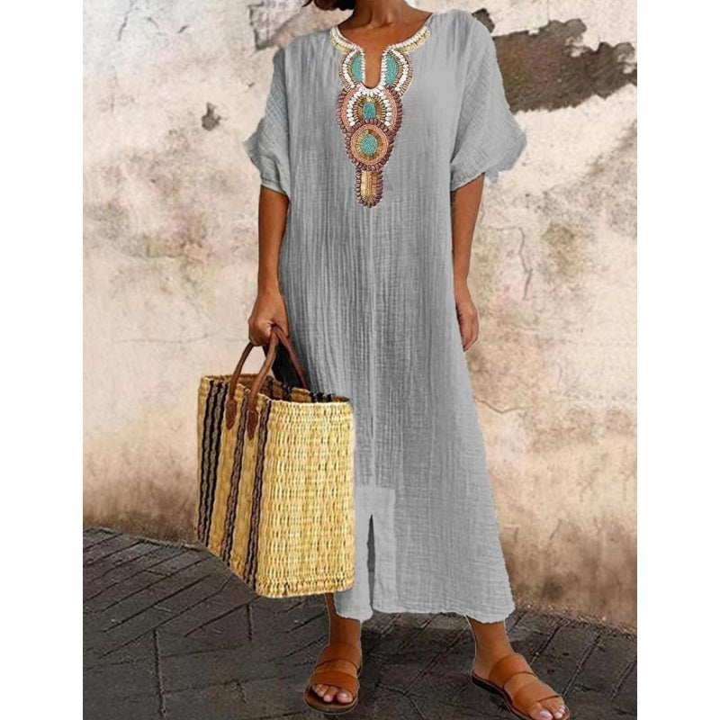 Women's Casual Loose Cotton Linen Embroidered Split Dress