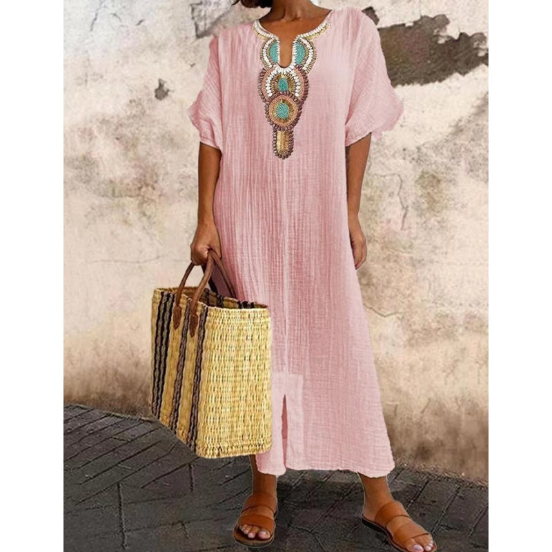 Women's Casual Loose Cotton Linen Embroidered Split Dress