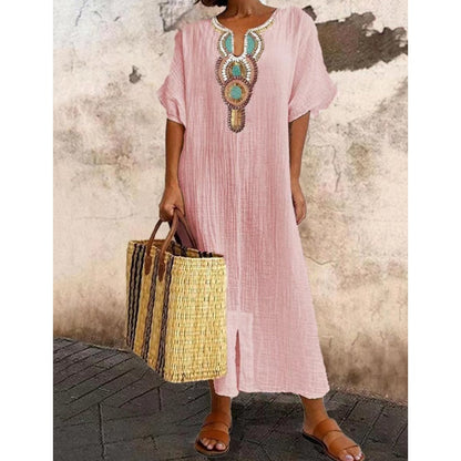 Women's Casual Loose Cotton Linen Embroidered Split Dress