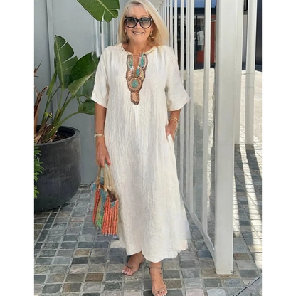 Women's Casual Loose Cotton Linen Embroidered Split Dress