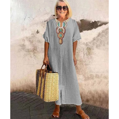 Women's Casual Loose Cotton Linen Embroidered Split Dress