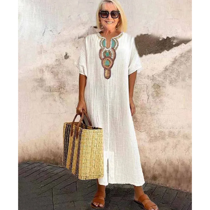 Women's Casual Loose Cotton Linen Embroidered Split Dress