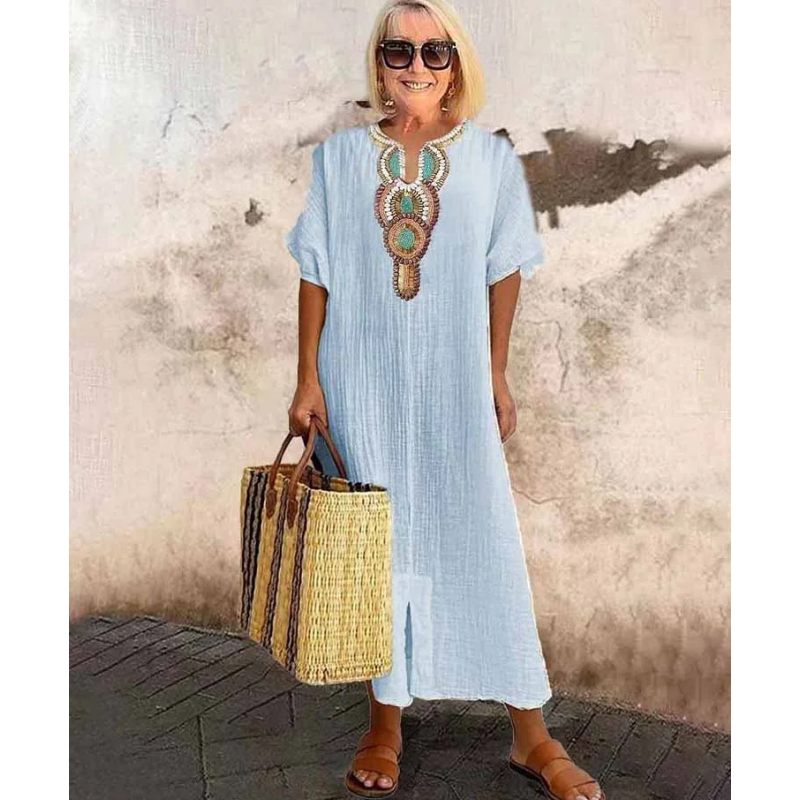 Women's Casual Loose Cotton Linen Embroidered Split Dress