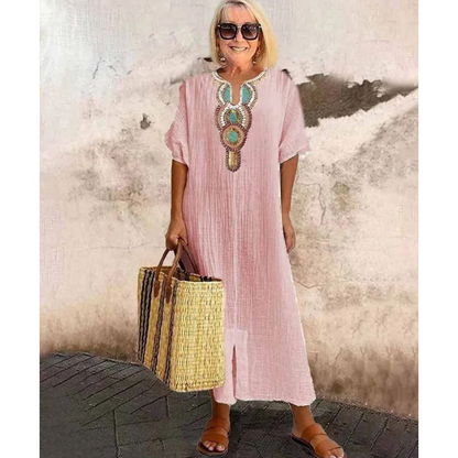 Women's Casual Loose Cotton Linen Embroidered Split Dress