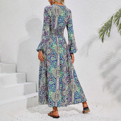 🍧Summer Hot Sale 💞V-Neck Printed Long Sleeve Maxi Dress