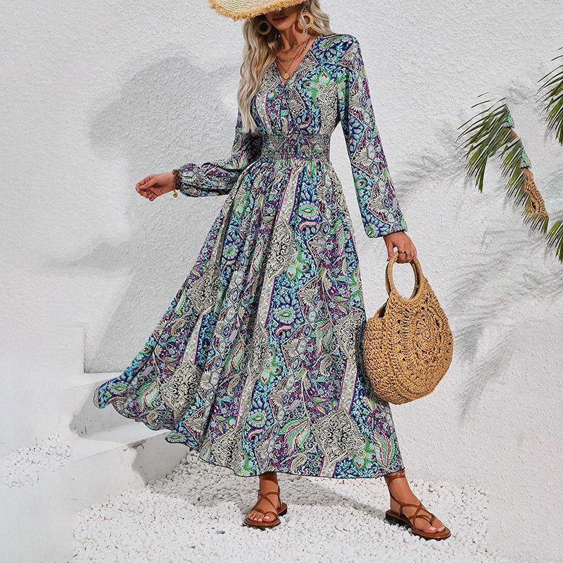 🍧Summer Hot Sale 💞V-Neck Printed Long Sleeve Maxi Dress