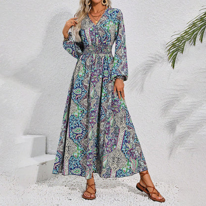 🍧Summer Hot Sale 💞V-Neck Printed Long Sleeve Maxi Dress