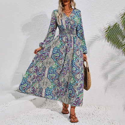 🍧Summer Hot Sale 💞V-Neck Printed Long Sleeve Maxi Dress